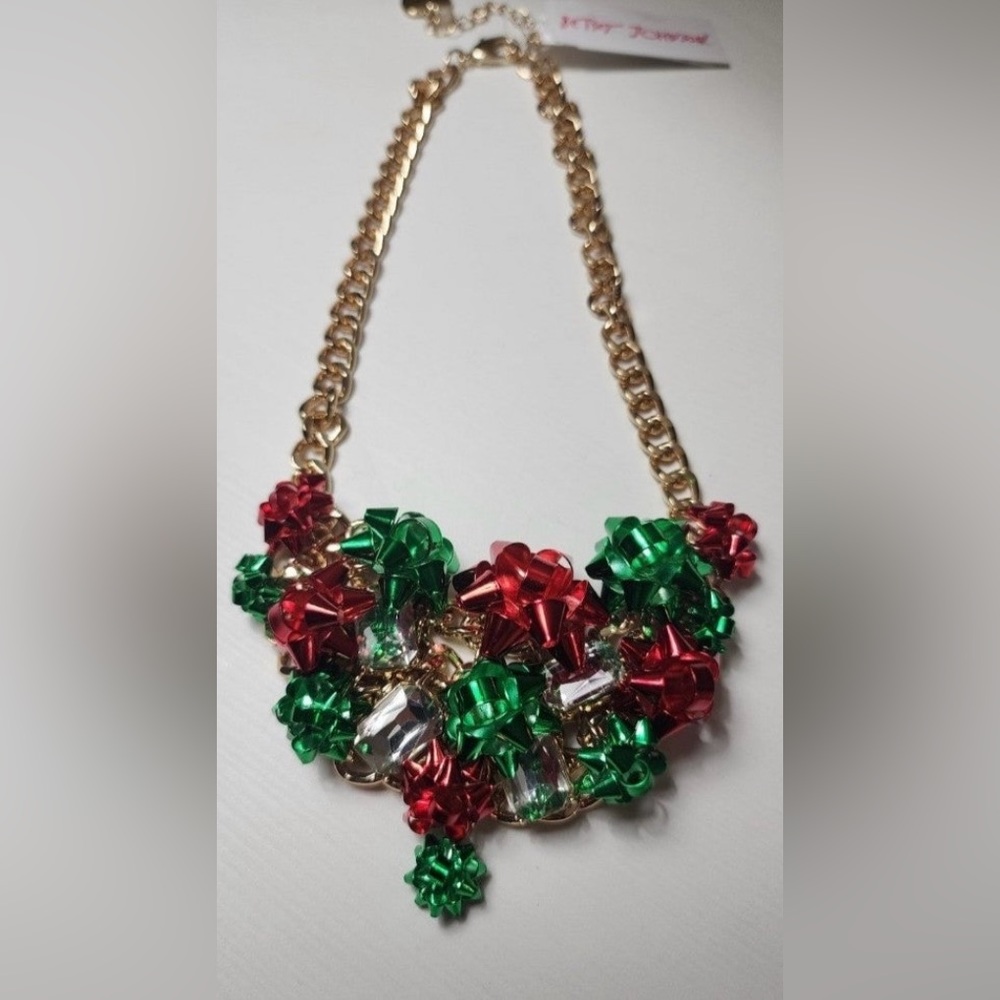 BETSEY JOHNSON Christmas Holiday Statement Bow Ribbon Gift Necklace NEW NWT